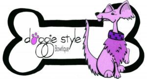 Purple cartoon dog beside bone-shaped boutique logo